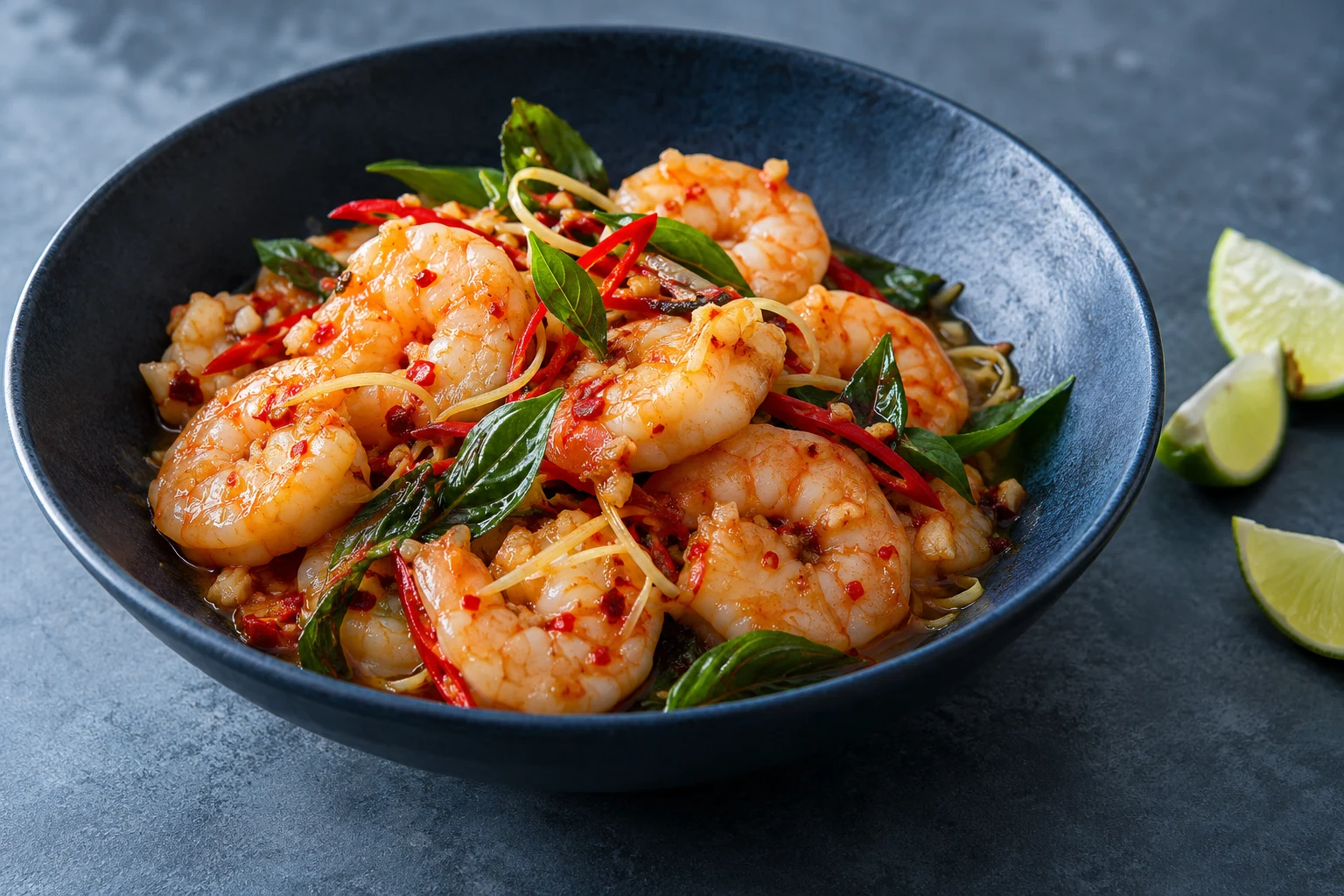 Cooked prawns with chilli, garlic, basil and lime in a blue bowl
