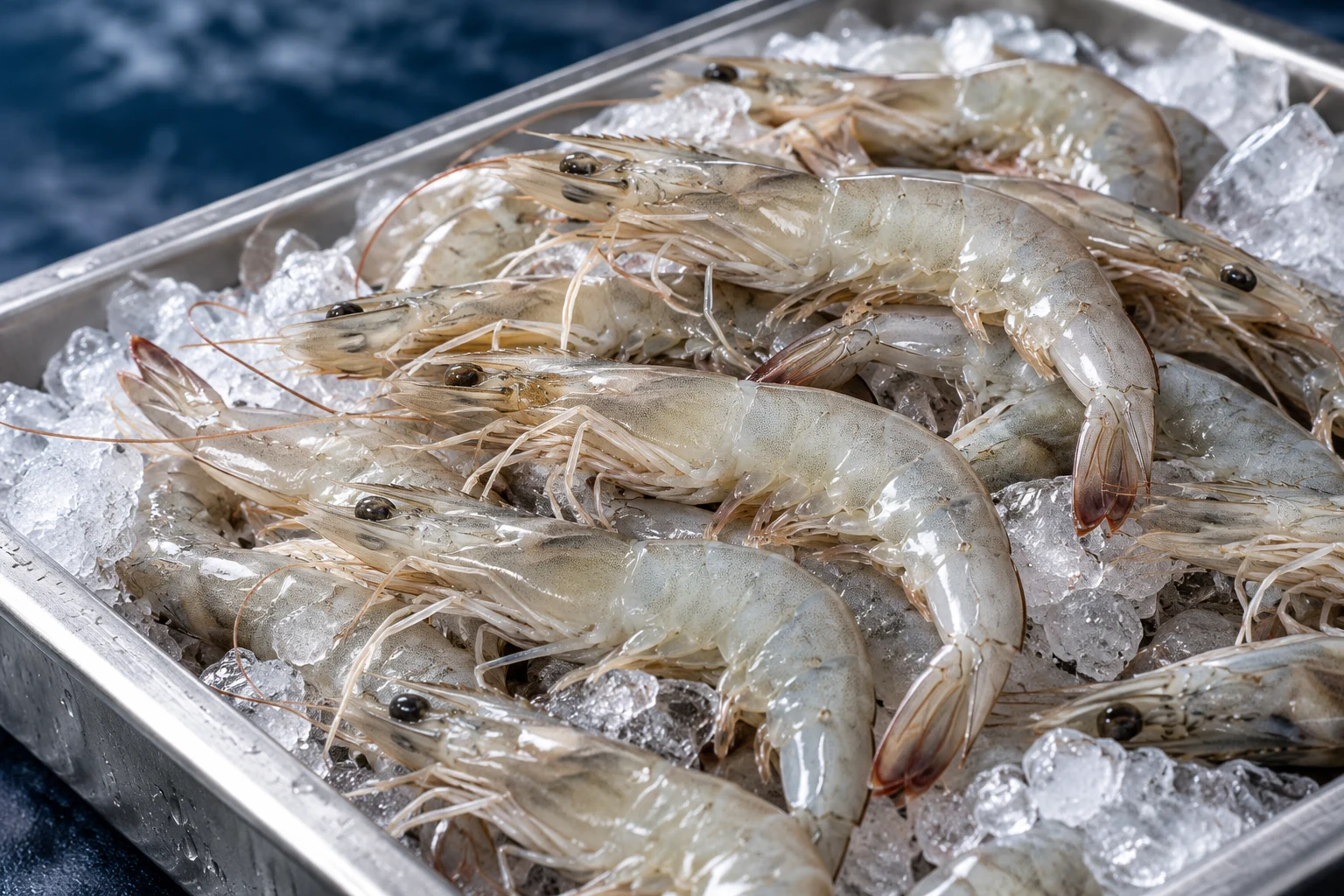 Raw vannamei prawns on crushed ice